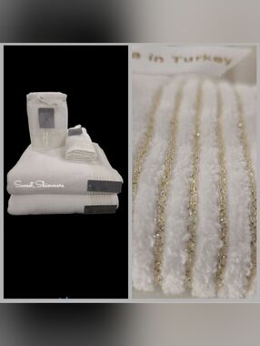 6pc Deco 100% Turkish Cotton White Gold Shimmer Bath Hand Tip Towel Set New